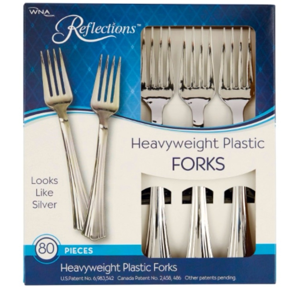 WNA Reflections Heavyweight Plastic Utensils Forks, silver 80/Box New unopened